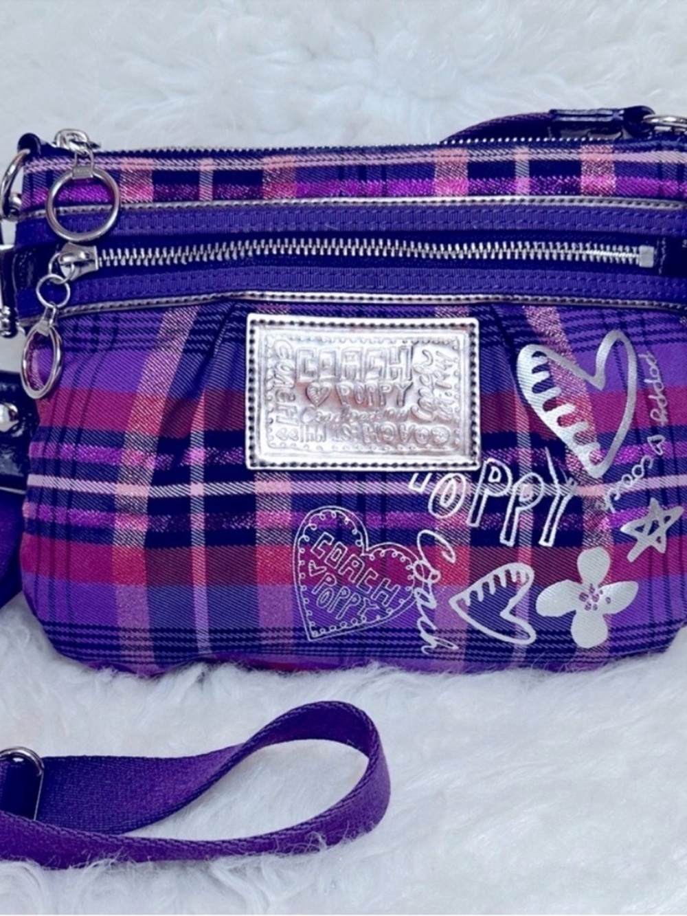 Coach Poppy Purple Plaid Graffiti Crossbody Y2K Tartan Glam Bag w/ charm EUC